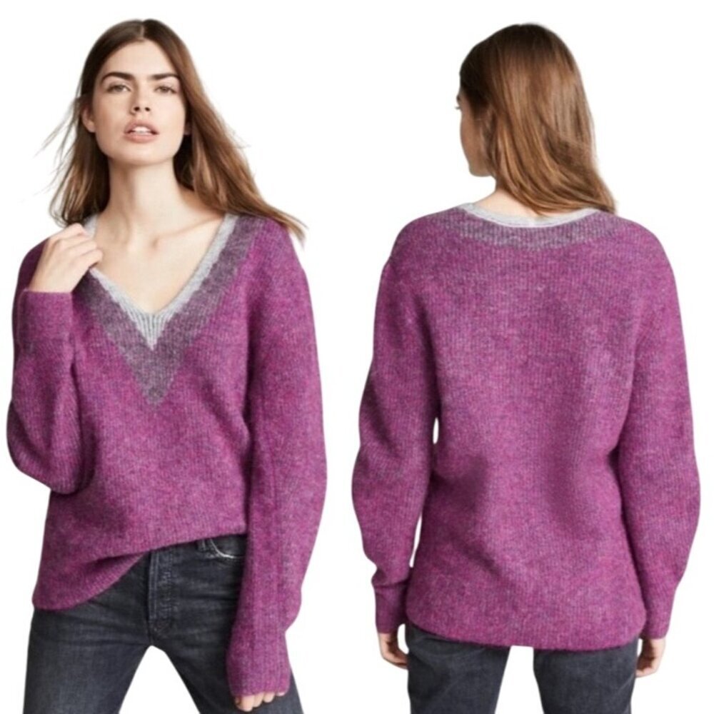 Rag & Bone Jonie Womens V-Neck Sweater XS Magenta fuzzy soft oversized varsity